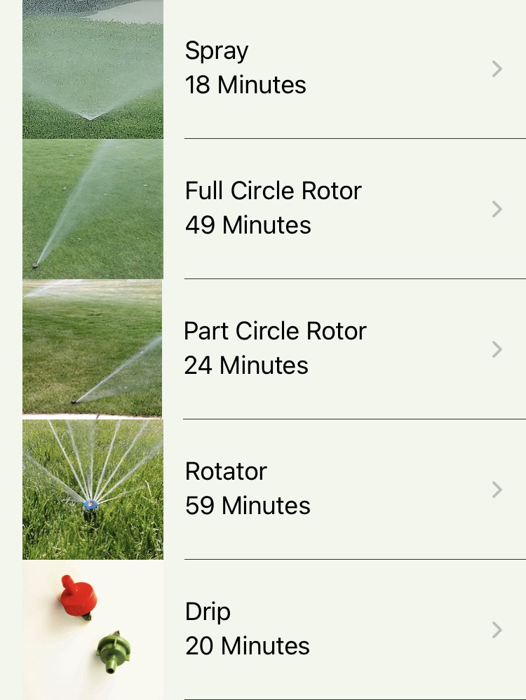 Watering today app sprinkler run time page.  Showing run times for spray heads at 18 minutes, full circle rotors at 49 minutes.